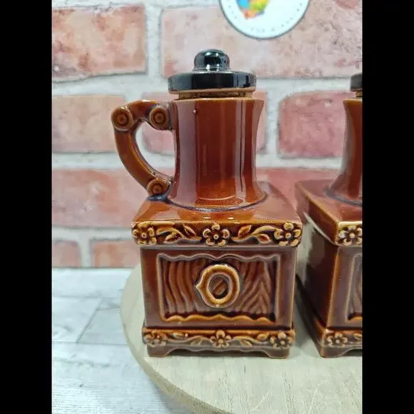 Vintage Brown Glaze Unique Oil And Vinegar Dispensers With Stoppers From Japan - Picture 2 of 10